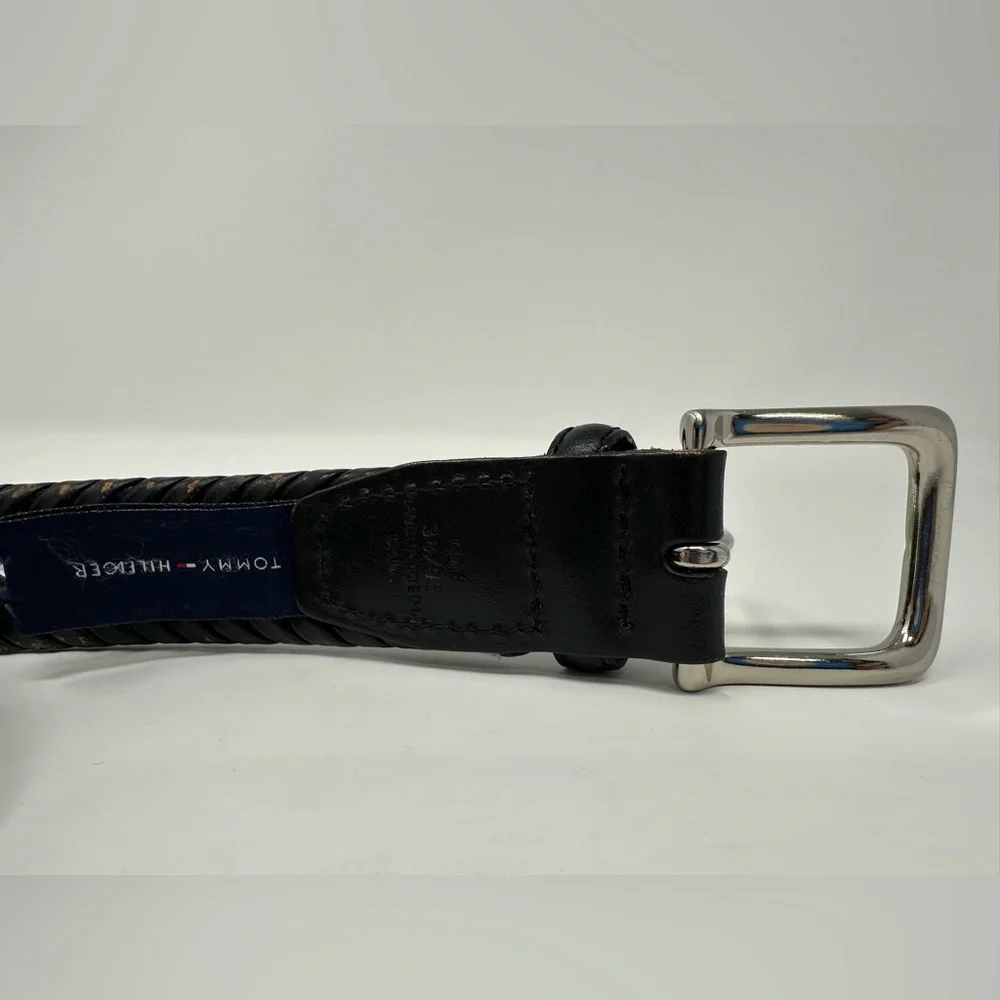 Tommy Hilfiger Braided Belt Mens 38/95 Black Leather Trim Casual Silver‎ Buckle